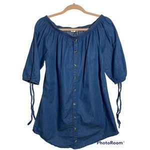 Women's Size Medium Faux Button Up Chambray Off The Shoulder Peasant Top